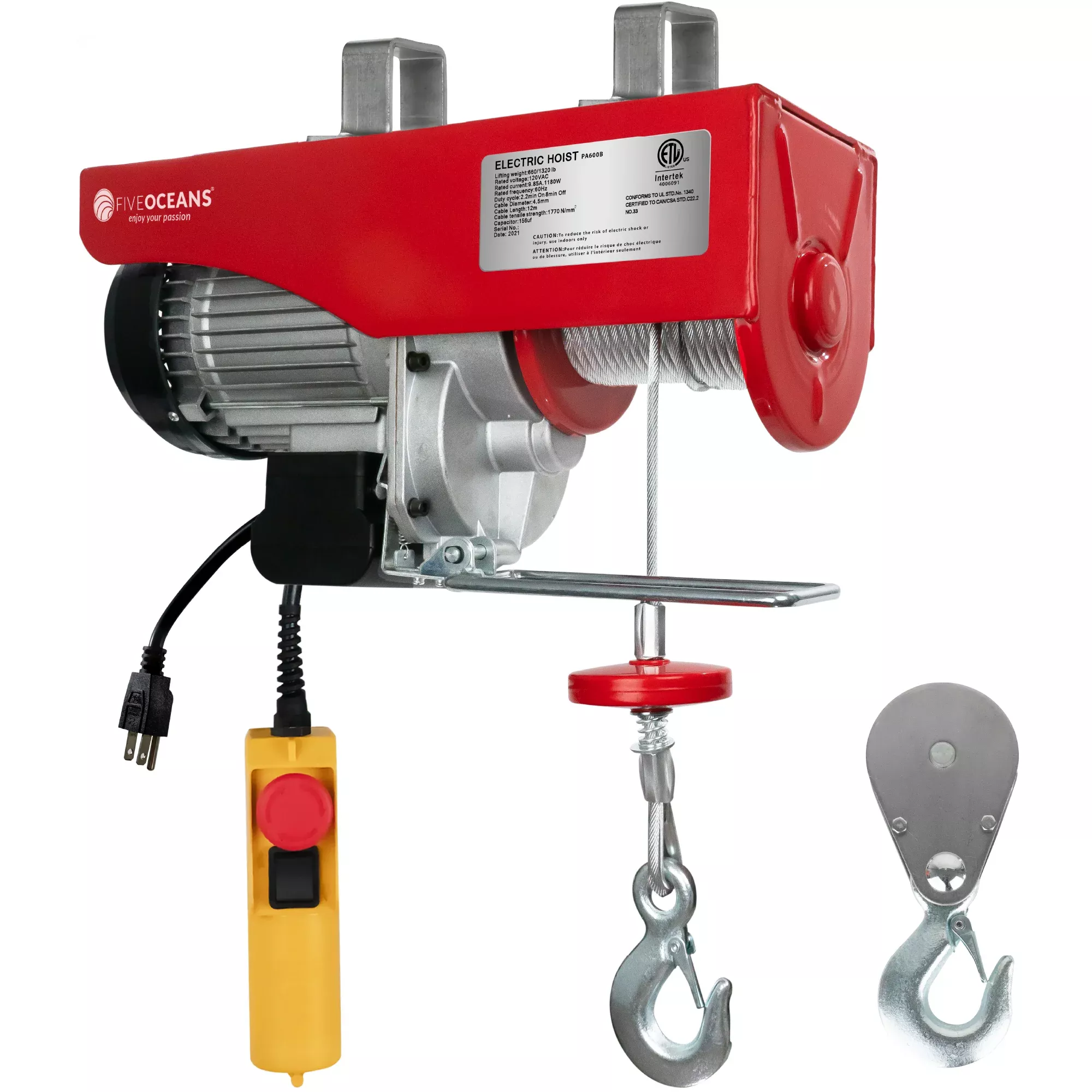 1320 Lb. Electric Hoist with 20Ft Cable Control, 120V AC