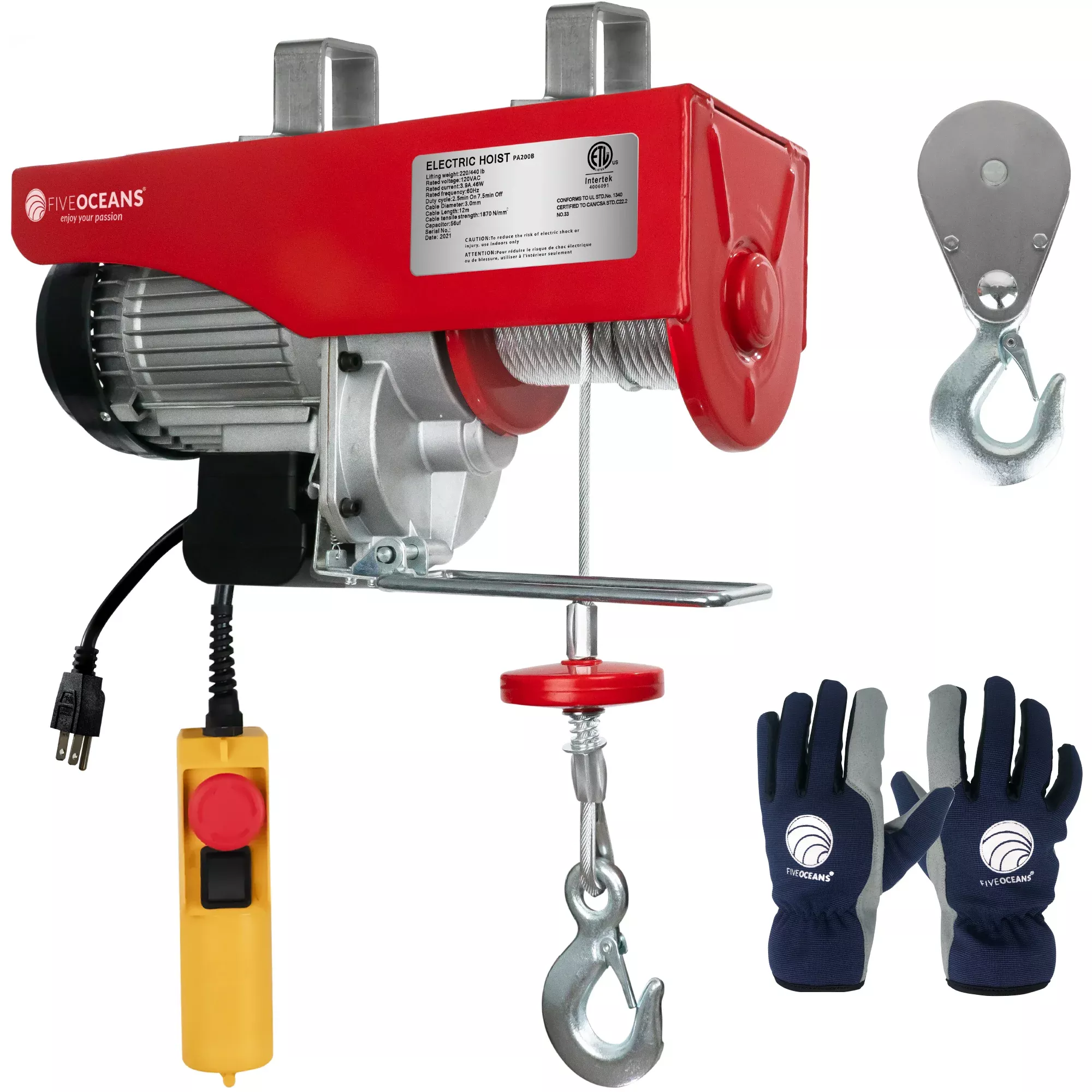 1320 Lb. Electric Hoist with 20Ft Cable Control & Working Gloves, 120V AC