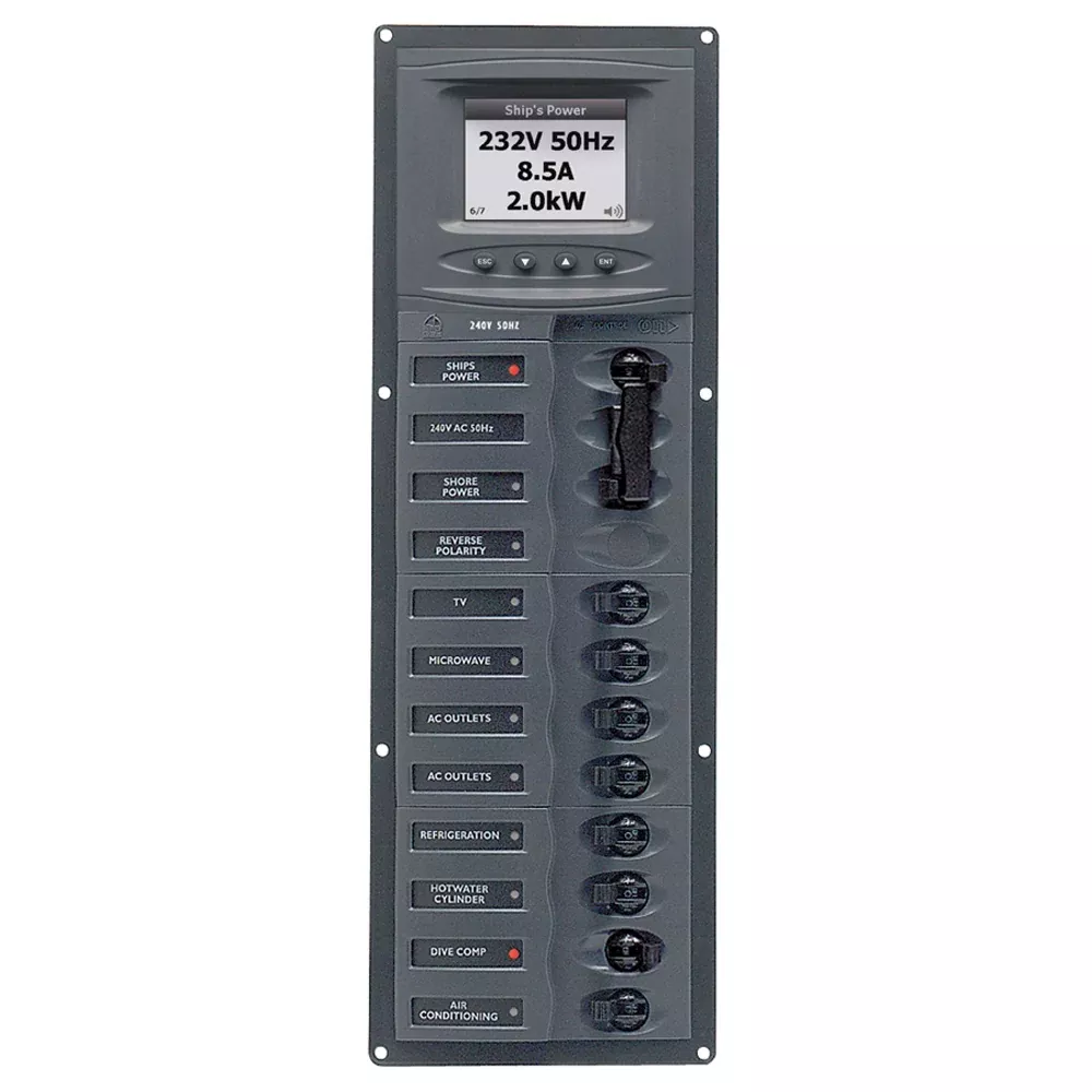 BEP AC Circuit Breaker Panel w/Digital Meters, 8SP 2DP AC230V ACSM Stainless Steel Vertical [900-AC2V-ACSM]