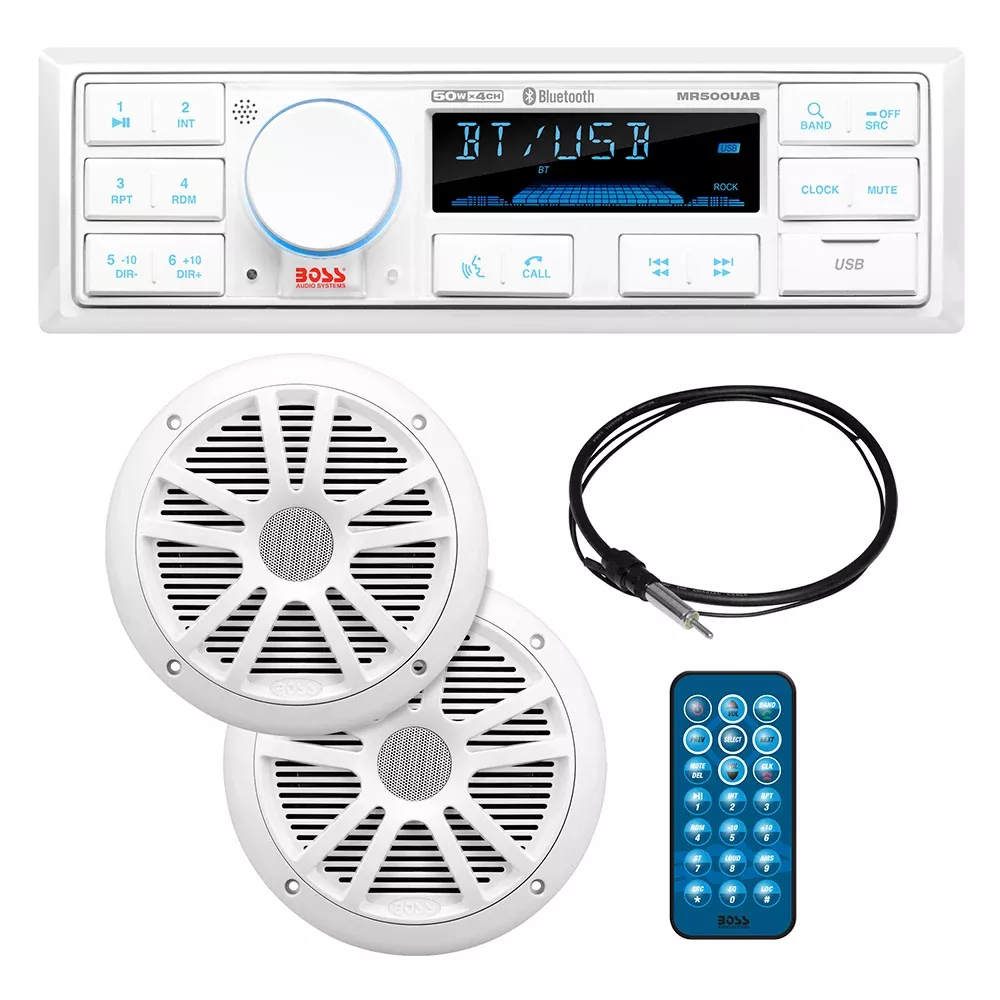 Boss Audio MCK500WB.6 Kit w/MR500UAB, 2 MR6W Speakers, MRANT10 Antenna,White Remote [MCK500WB.6]