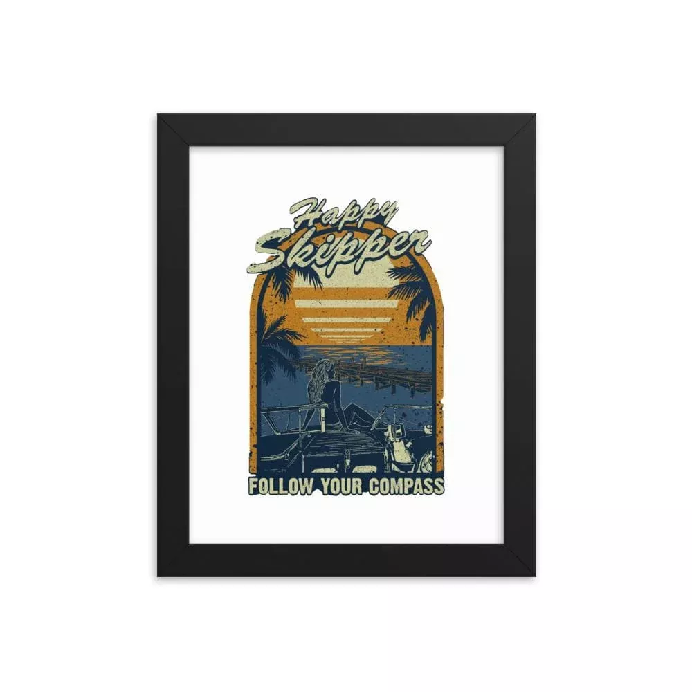 Happy Skipper Follow Your Compass™ Dockview Design. Framed Photo Paper Poster
