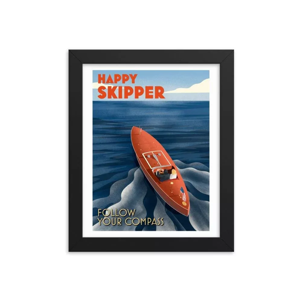 Happy Skipper Follow Your Compass™ Motor Launch Framed photo paper poster