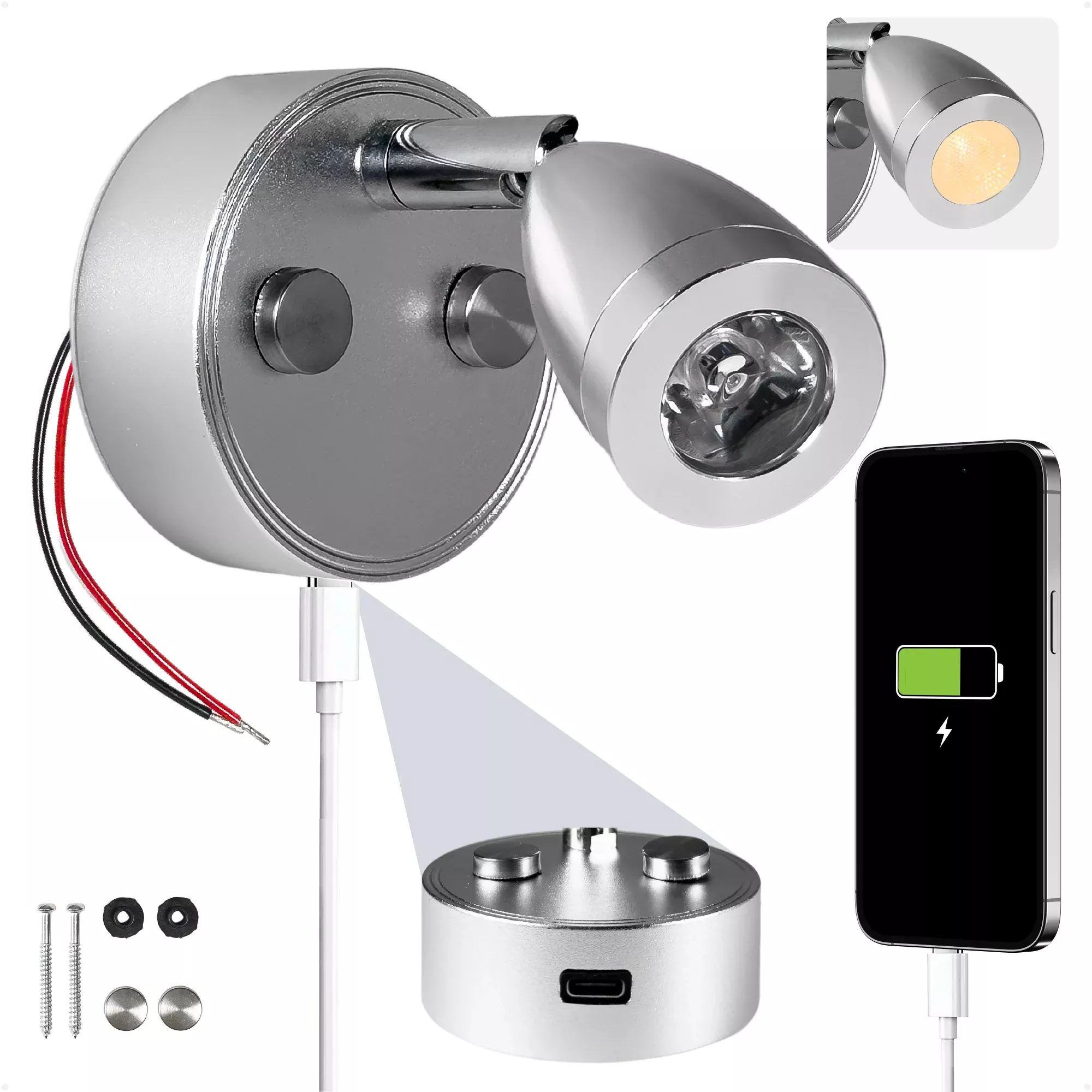 LED Reading Light with USB-C Charging Port, Warm White, Touch Dimmer, Aluminum Housing, 200 LM, 10-30V