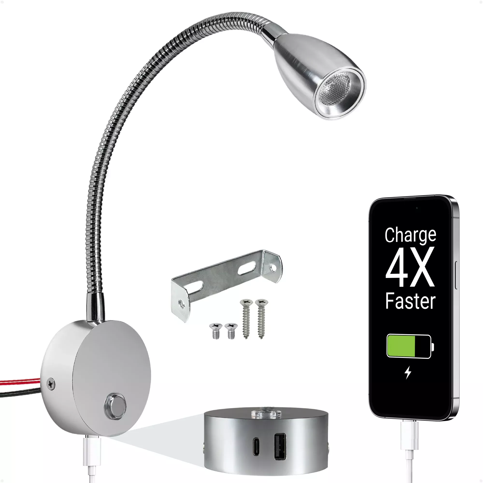 LED Reading Light with USB-A/C Charging Port, Warm White, Touch Dimmer, Flexible Gooseneck, Aluminum Housing, 10-30V