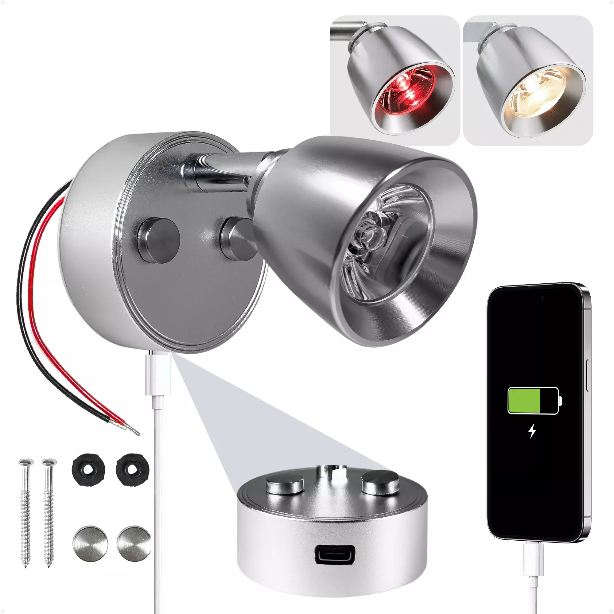 LED Reading Light with USB-C Port, Touch Dimmer, Warm White & Red, Aluminum Housing, 200 LM, 10-28V DC