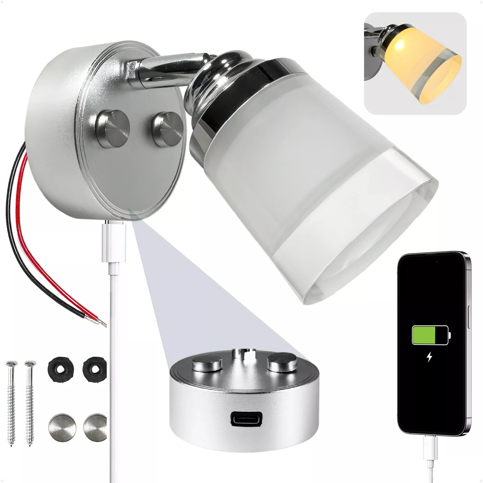 LED Reading Light with USB-C, Touch Dimmer, Warm White, Aluminum & Acrylic Housing, 200 LM, 10-28V DC
