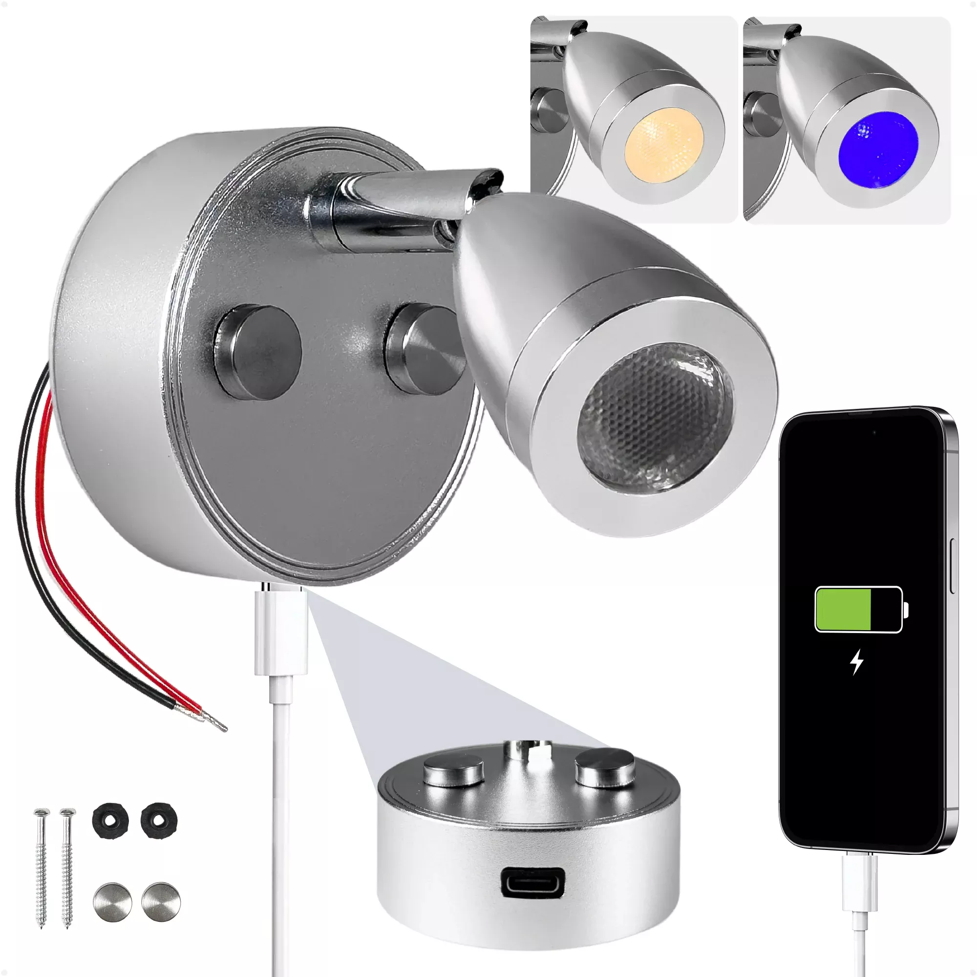 LED Reading Light with USB-C, Touch Dimmer, Warm White & Blue, Aluminum Housing, 200LM, 10-28V DC