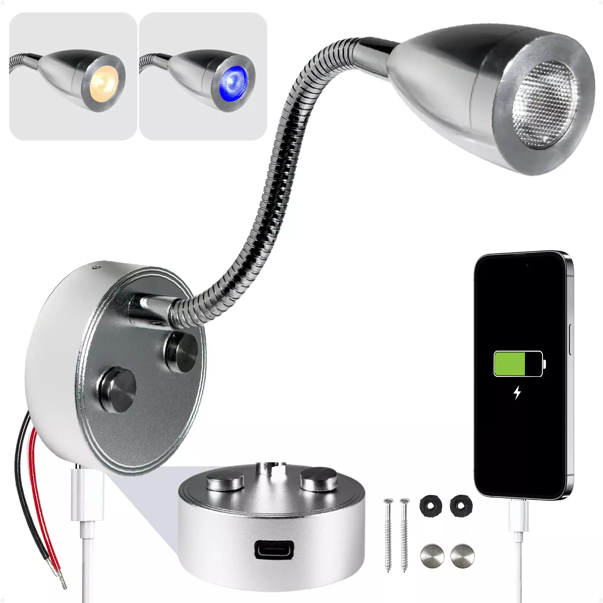 LED Reading Light with USB-C, Touch Dimmer, Warm White & Blue, Aluminum Housing, Flexible Gooseneck Style, 200LM, 10-28V DC