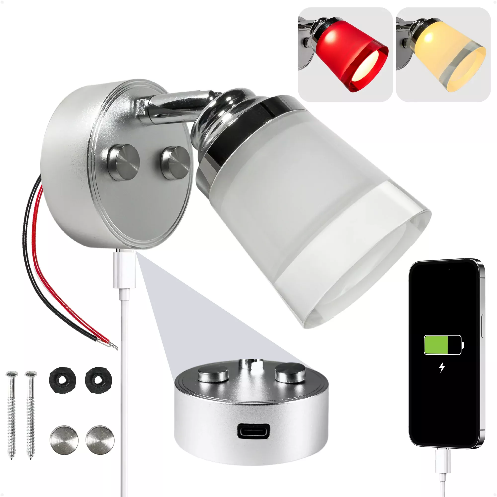 LED Reading Light with USB-C, Touch Dimmer, Warm White & Red, Aluminum & Acrylic Housing, 200 LM, 10-28V DC