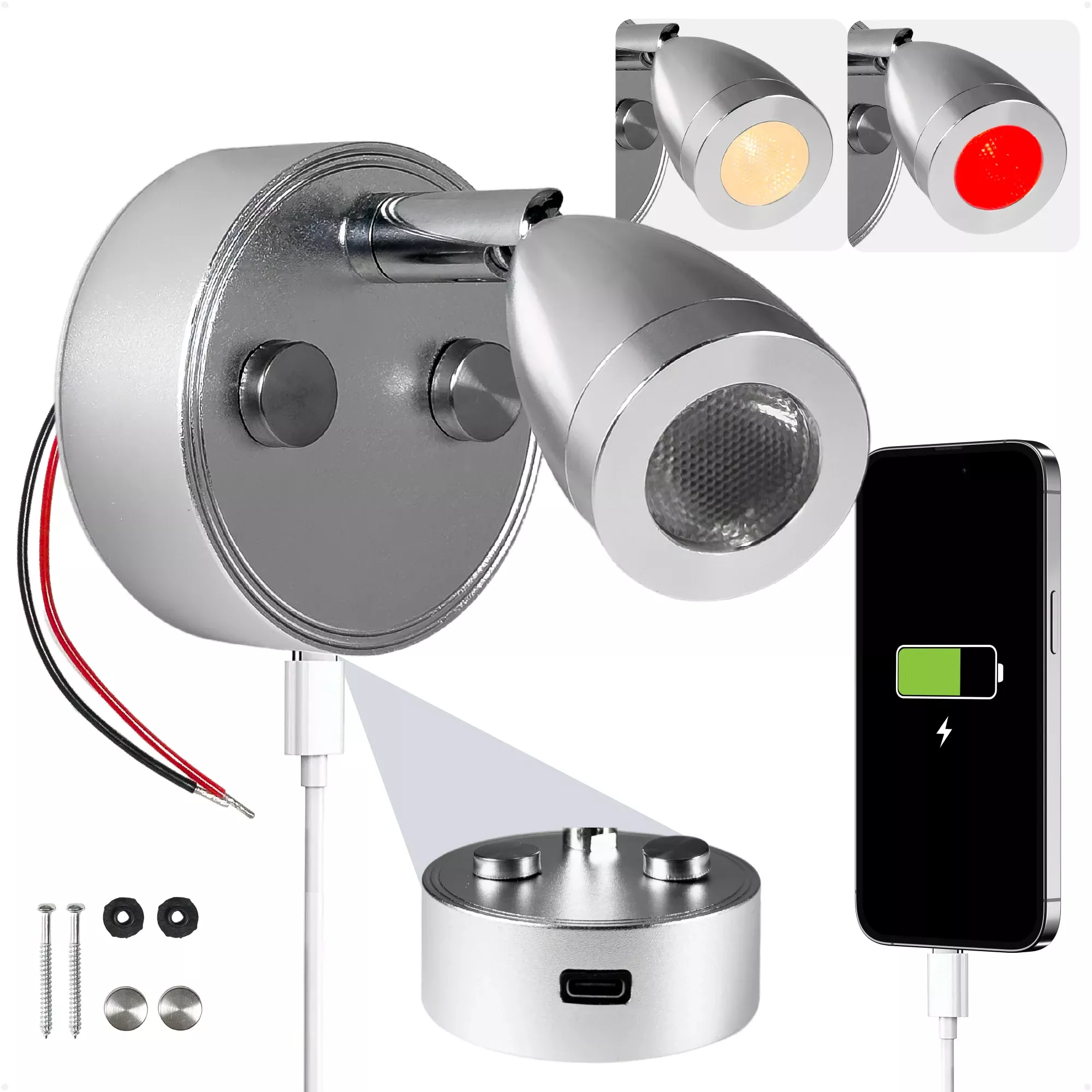 LED Reading Light with USB-C, Touch Dimmer, Warm White & Red, Aluminum Housing, 200LM, 10-28V DC
