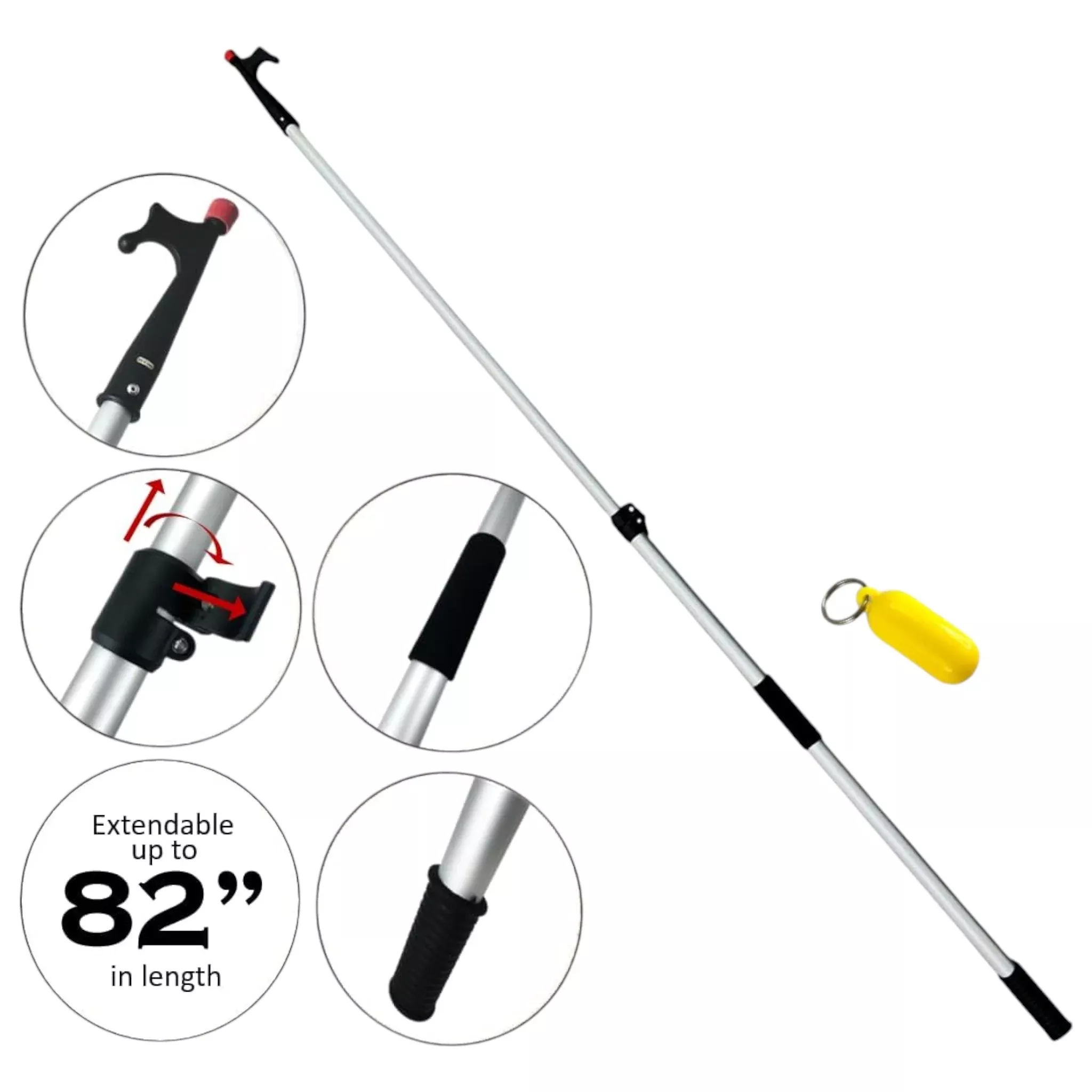 Pactrade Marine Anodized Aluminum Telescopic Kayak Boat Hook Dock Docking Extend Sections Adjustable Extendable Length Plastic PC Red Tip Non-Slip Black Locking Vinyl Mechanism Ring Handles