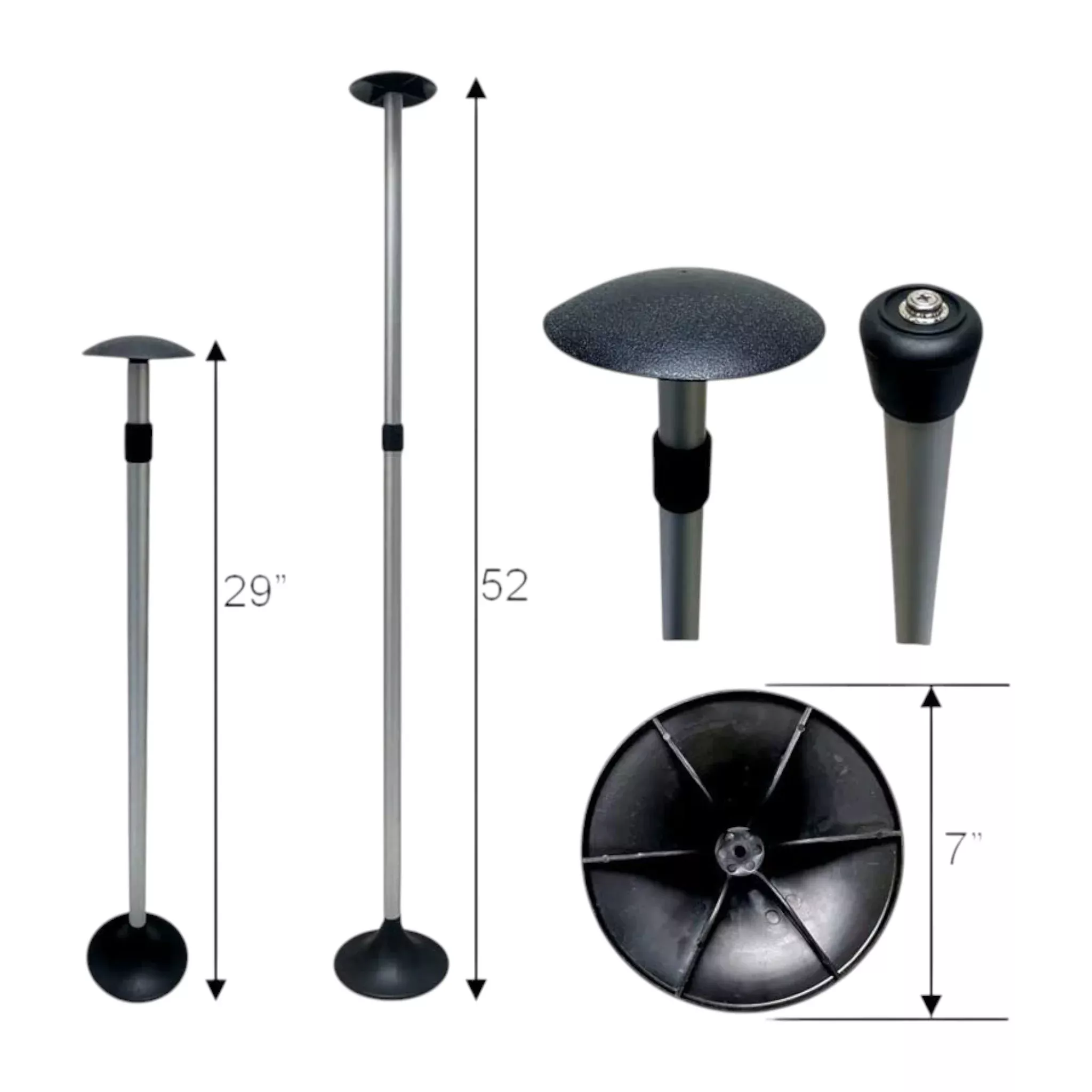 Pactrade Marine Boat Pontoon Cover Support Pole Adjustable Telescopic Height Mushroom Top Aluminum / Injected PP Tall Short Round Base Snap-on Fastener Tip & Rubber Cap (Length: 35" - 64")