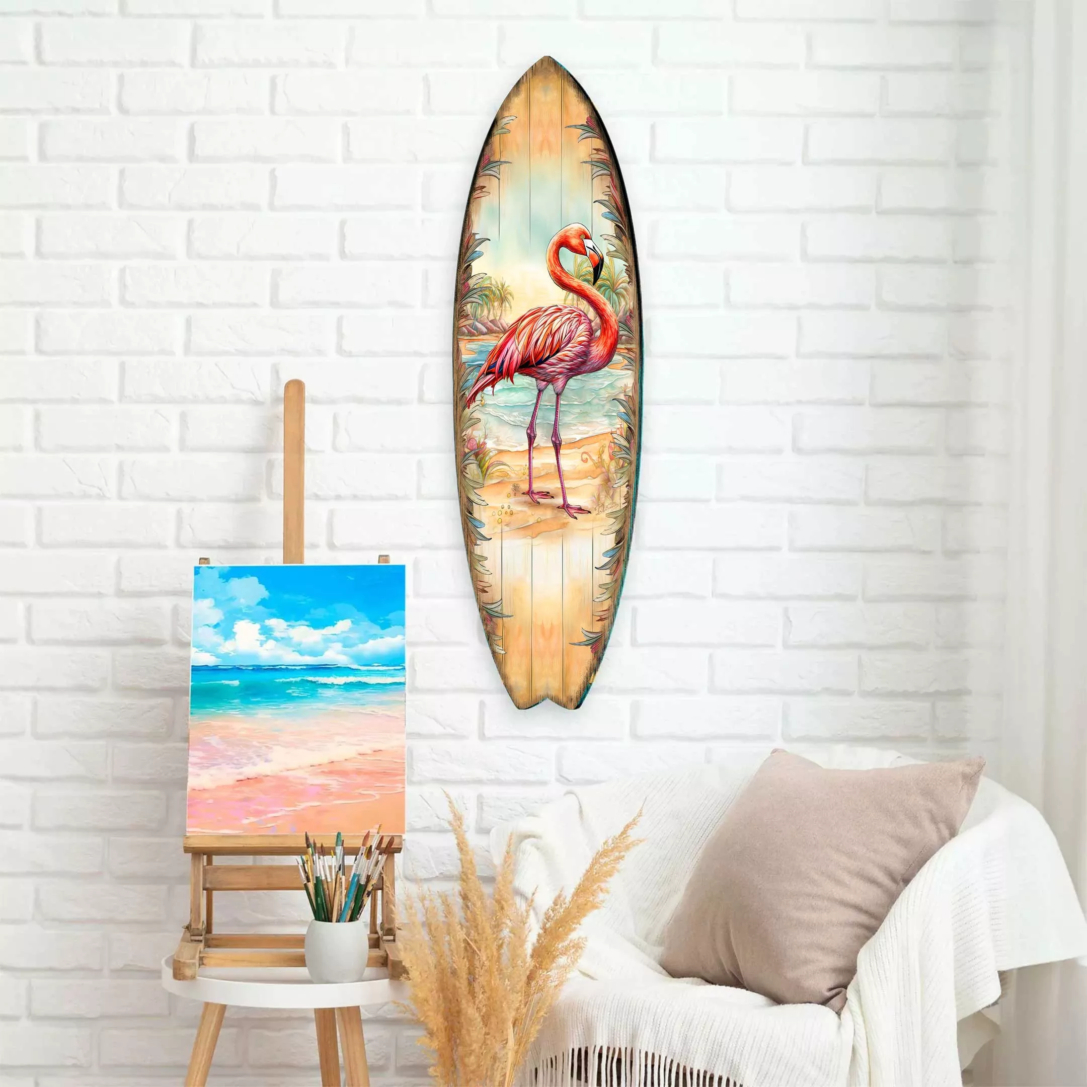 Pink Flamingo Surfboard Wall Art by G. DeBrekht – Handcrafted Tropical Coastal Wall Décor – 8490146HS