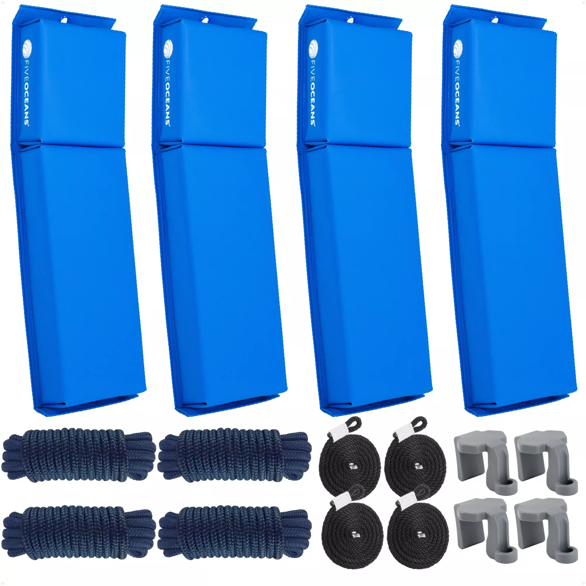 Pontoon Docking Kit - Blue Flat Fenders with Dock Lines & Fender Clips, 4-Pack