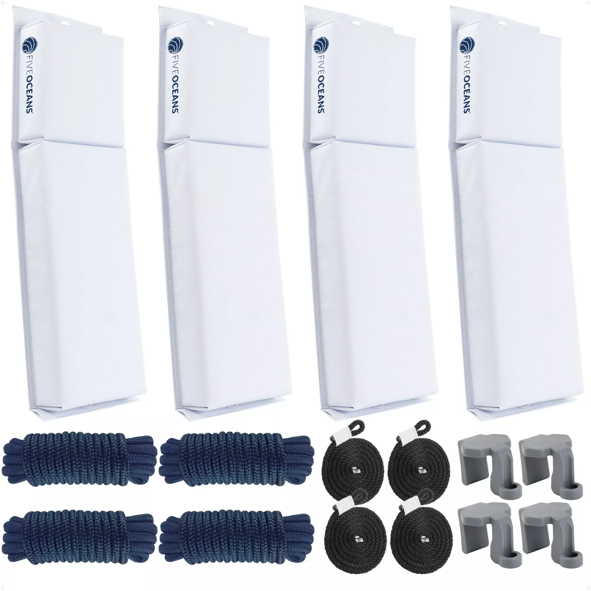 Pontoon Docking Kit - White Flat Fenders with Dock Lines & Fender Clips, 4-Pack