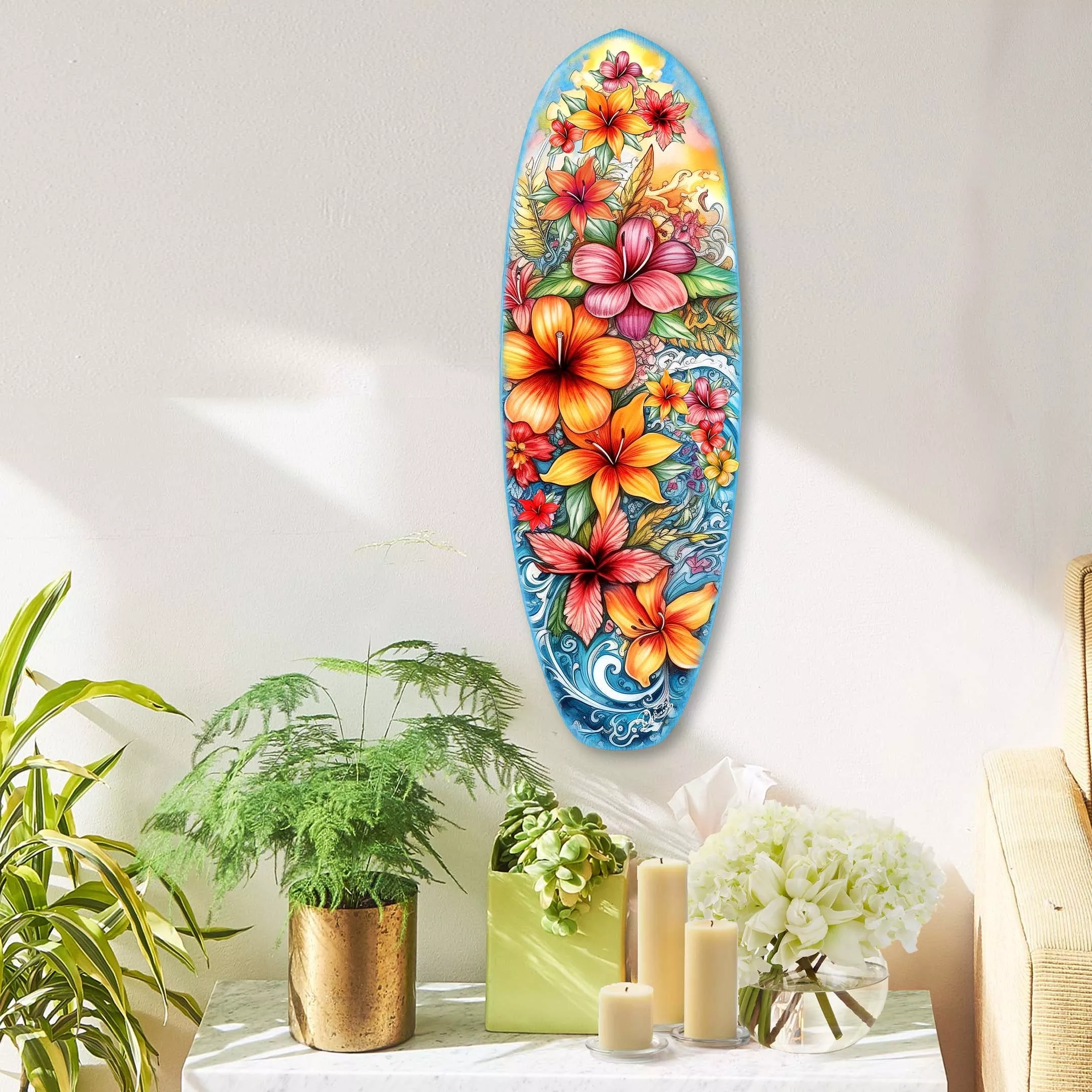 Tropical Flowers Surfboard Coastal Wall Art by G. DeBrekht - Coastal Holiday Decor - 8490113HS