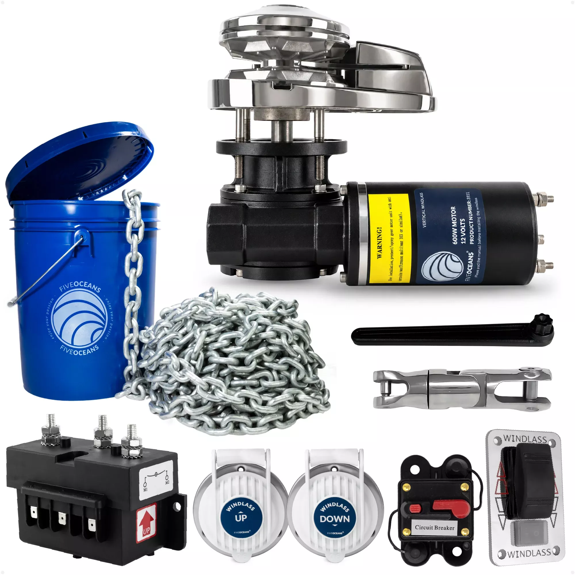 Windlass Kit - Pacific 600 Series Vertical, 600W, 12V, with 100' Galvanized Steel Chain