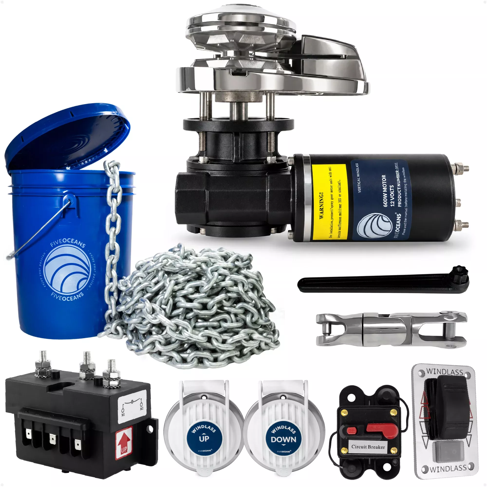 Windlass Kit - Pacific 600 Series Vertical, 600W, 12V, with 150' Galvanized Steel Chain