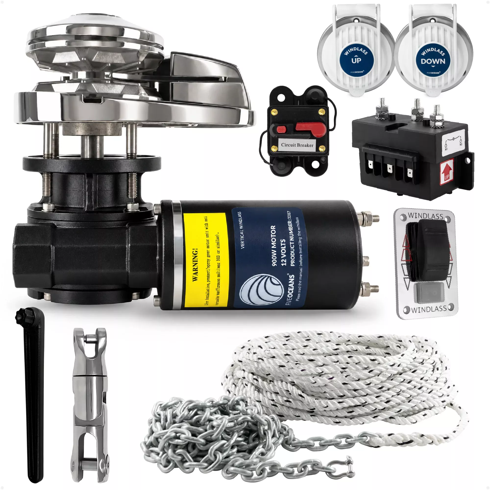 Windlass Kit - Pacific 900 Series Vertical, 900W, 12V, with Anchor Rode Galvanized Chain & Swivel